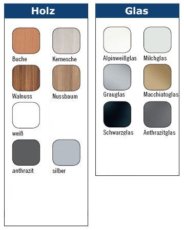 Wasserbetten Farbkarte Holz, Glas und Leder
