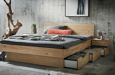 Wasserbett komplett mit Wildeiche-Bettrahmen Cleveland, Kopfteil und Schubladen