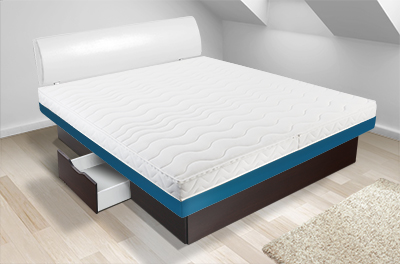 Komplettes Hybrid Wasserbett mit farbigem Polsterrand und Schubladen.