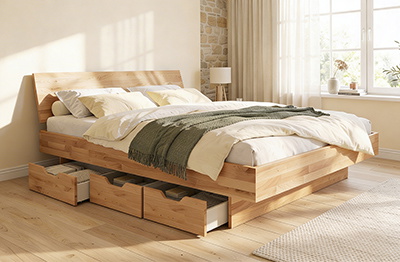 Wasserbett Astoria mit Massivholz-Bettrahmen inkl. Kopfteil und Schubladen in Wildeiche