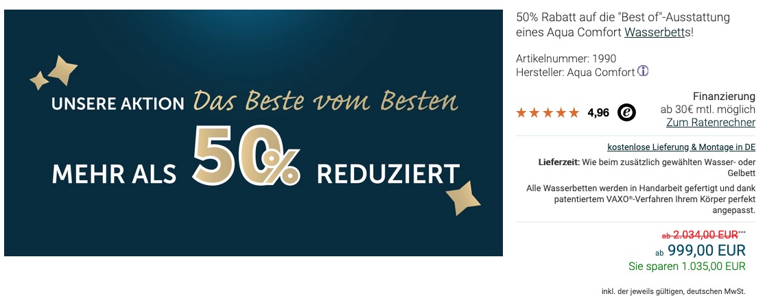 Das Best-of Wasserbetten Angebot jetzt statt 1035,- EUR nur 999,- EUR