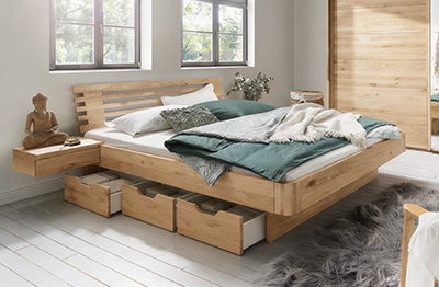 Wasserbett mit Massivholz-Bettrahmen inkl. Kopfteil und Schubladen in Kernbuche