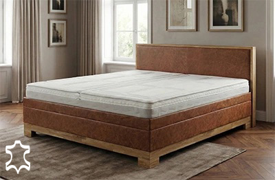 Echtleder Wasserbett Alpin in Boxspringbett-Optik und Massivholz-Umrandung