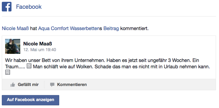 Wir haben unser Bett von ihrem Unternehmen. Haben es jetzt seit ungefähr 3 Wochen. Ein Traum..... Man schläft wie auf Wolken. Schade das man es nicht mit in Urlaub nehmen kann.