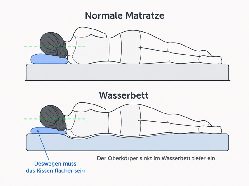 Einsinktiefe im Wasserbett - warum flache Kopfkissen wichtig sind