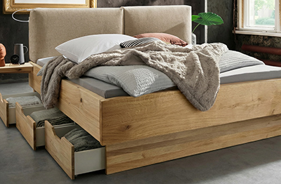 Wasserbett komplett mit Massivholz-Bettrahmen "New York", Kissen-Kopfteil und Schubladen