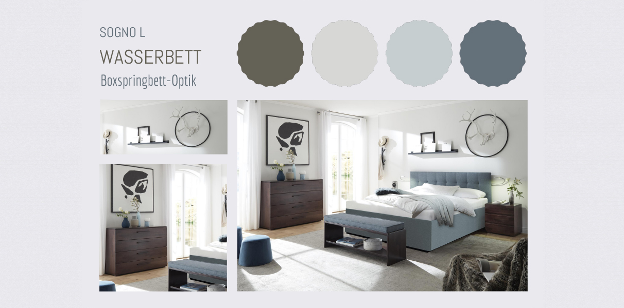 Wasserbett mit Boxspring-Podest und Sogno L Wandpaneel