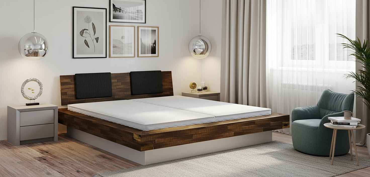 Wasserbett mit Factoryline Bettrahmen Bloc aus Akazie Massivholz