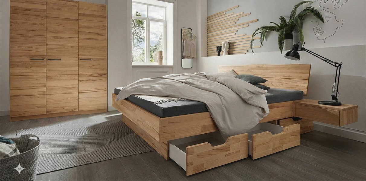 Astoria Wasserbett mit Massivholz in Kernbuche und Schubladen Abbildung 1