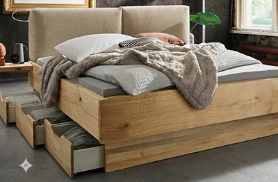 Wasserbett komplett mit Massivholz-Bettrahmen "New York", Kissen-Kopfteil und Schubladen
