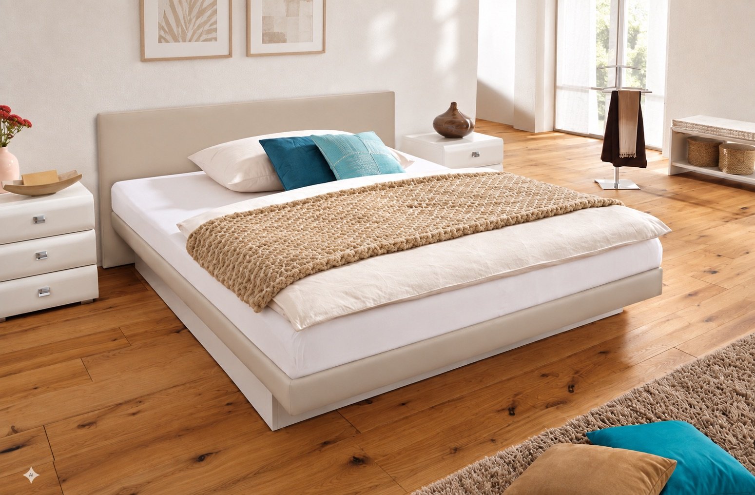 Split Wasserbett + Saia Wandpaneel in Polsterbett-Optik